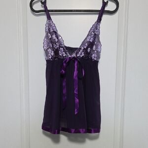 Sheer Lace Babydoll Nightie in Deep Purple with Lavender Accents